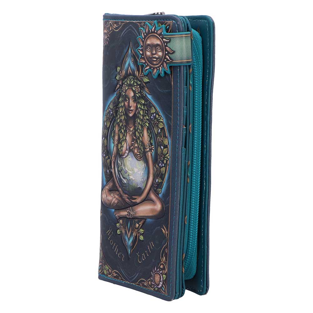 Mother Earth Embossed Purse - angled view showing the raised front artwork and teal-edged side