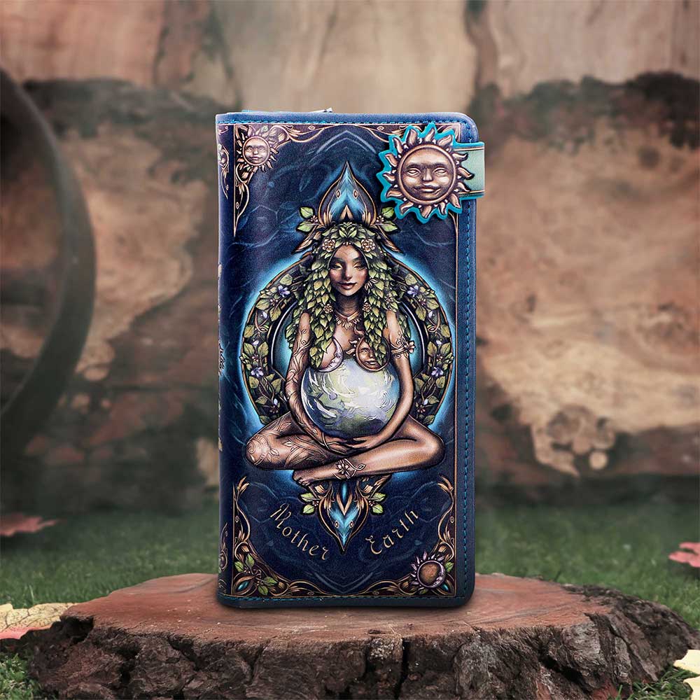 Mother Earth Embossed Purse - displayed upright with the nature-rich artwork and fastening visible