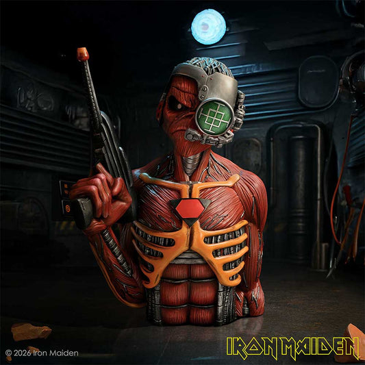 Iron Maiden Somewhere in Time Eddie Bust - displayed in a futuristic setting with the green eyepiece facing forward