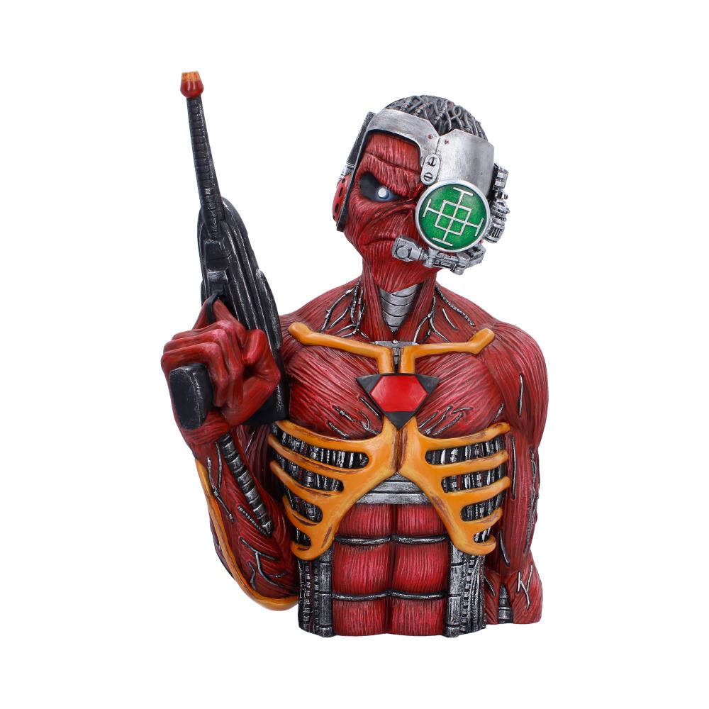 Iron Maiden Somewhere in Time Eddie Bust - front of cyborg Eddie with red-and-silver detail and a raised laser gun
