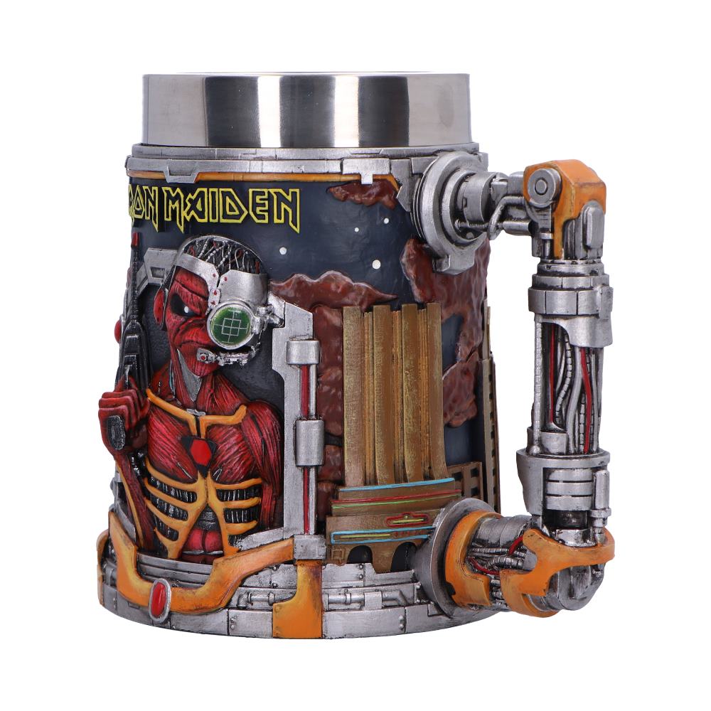 Iron Maiden Somewhere in Time Tankard - angled view of Eddie’s portrait and the futuristic city artwork