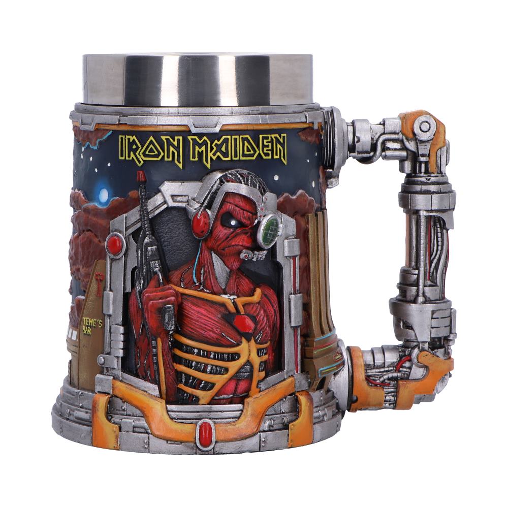 Iron Maiden Somewhere in Time Tankard - front with cyborg Eddie, Iron Maiden lettering and a mechanical handle
