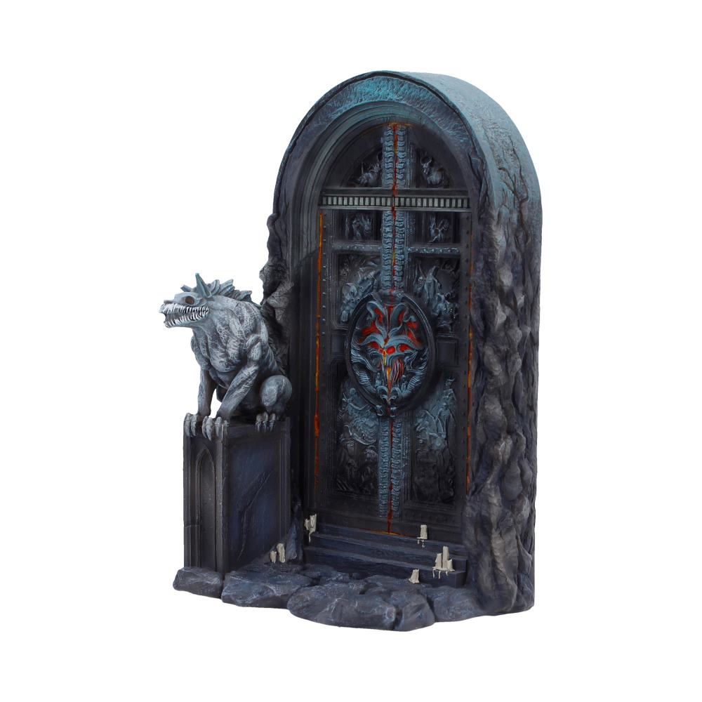 Angled Hells Gate bookend showing the skeletal wolf and rocky base