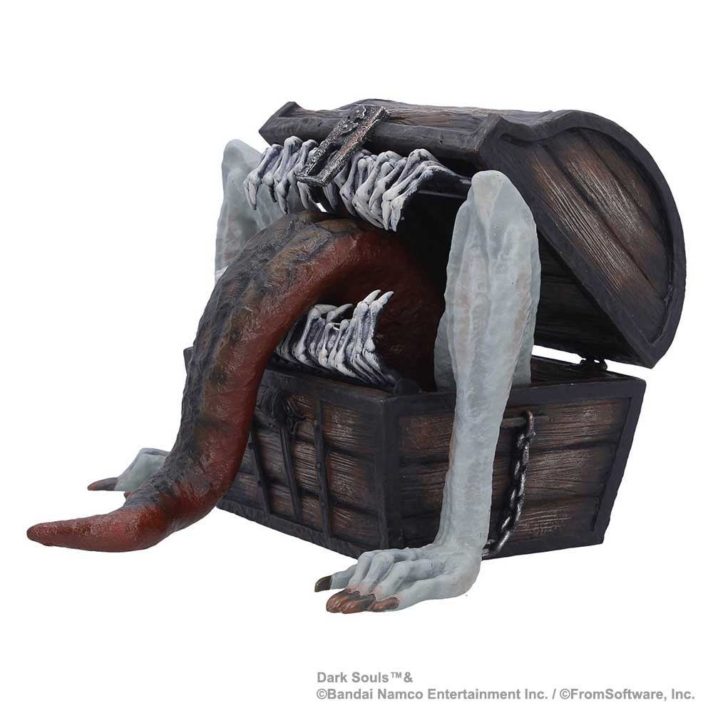 Dark Souls Mimic Trinket Box - angled view of the open mouth, protruding tongue and plank-textured body