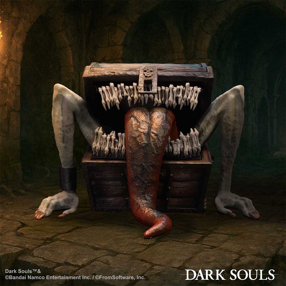 Dark Souls Mimic Trinket Box - displayed against dark stone with the Mimic’s mouth open towards the viewer