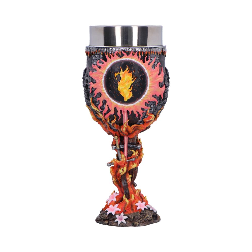 Dark Souls Soul of Cinder Goblet - reverse with a fire emblem above the orange stem and flowered base