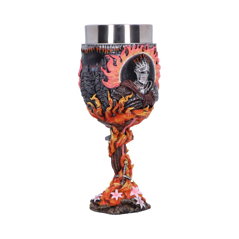 Dark Souls Soul of Cinder Goblet - opposite angle showing the armoured portrait and raised flames