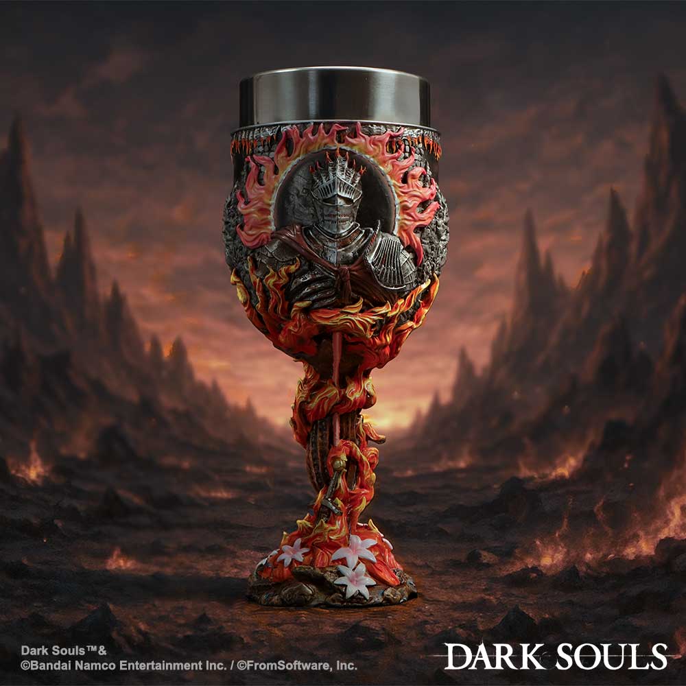 Dark Souls Soul of Cinder Goblet - displayed against a fiery backdrop with the armoured figure facing forward