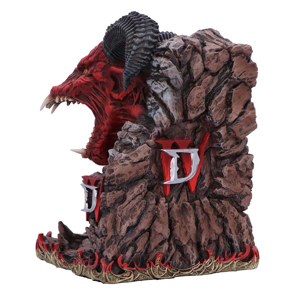 Diablo IV Minion of Hell Bookend - side view of the snarling head and Diablo IV logo on the rock
