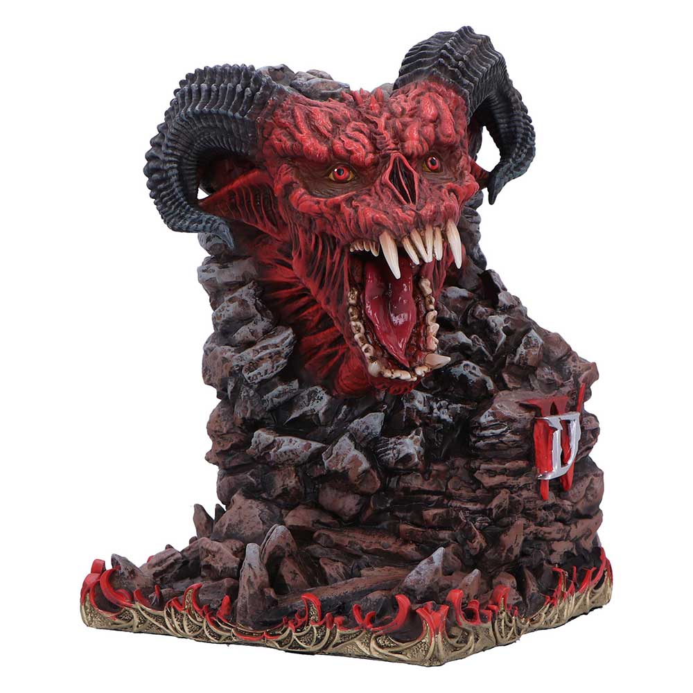 Diablo IV Minion of Hell Bookend - opposite angle showing the open mouth, teeth and flame-detailed base