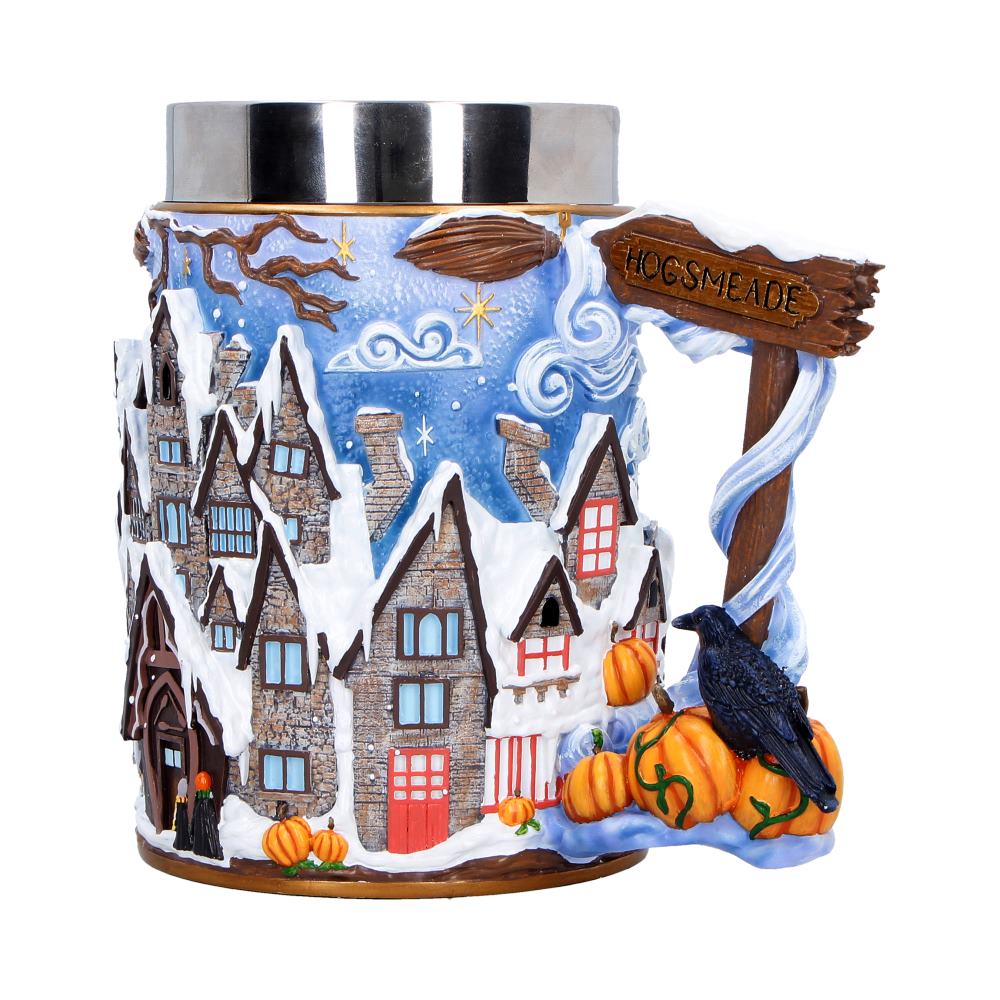 Angled Hogsmeade tankard showing sculpted buildings and sign-shaped handle