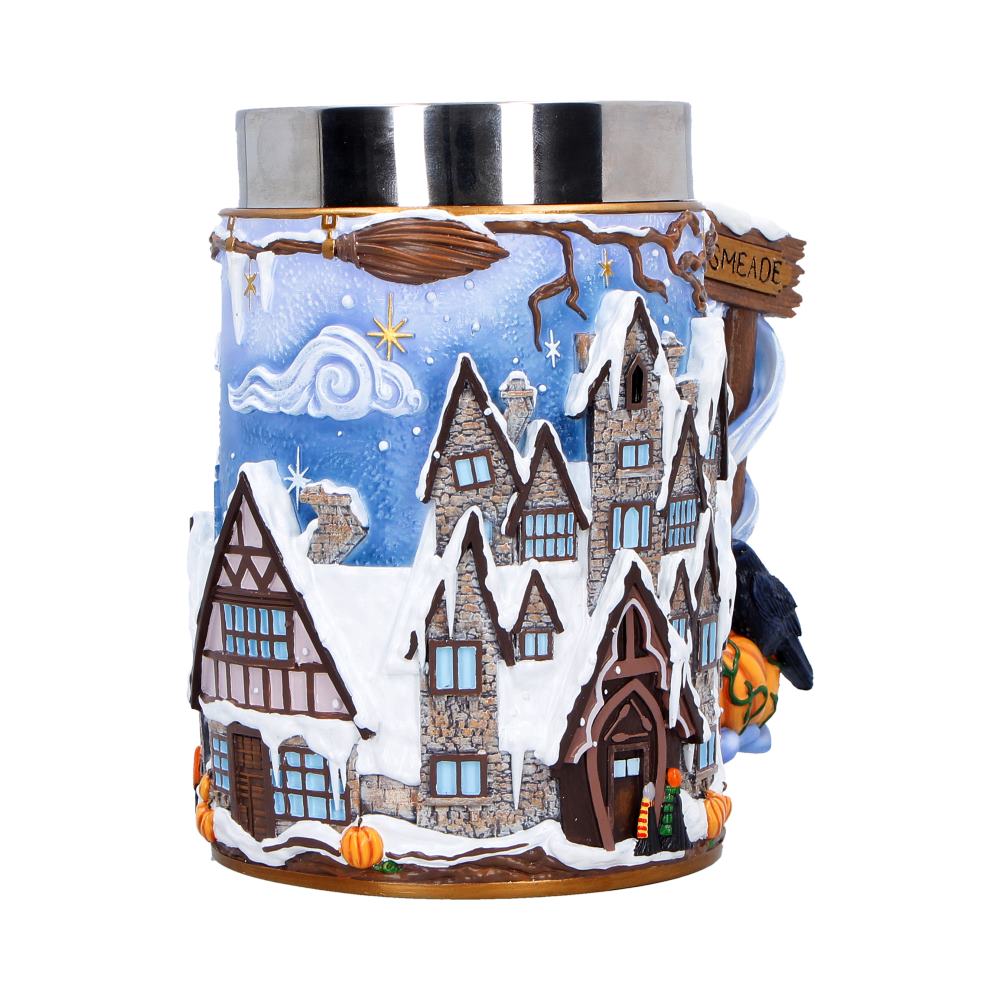 Rear of Hogsmeade tankard showing snowy village houses and pale-blue decoration