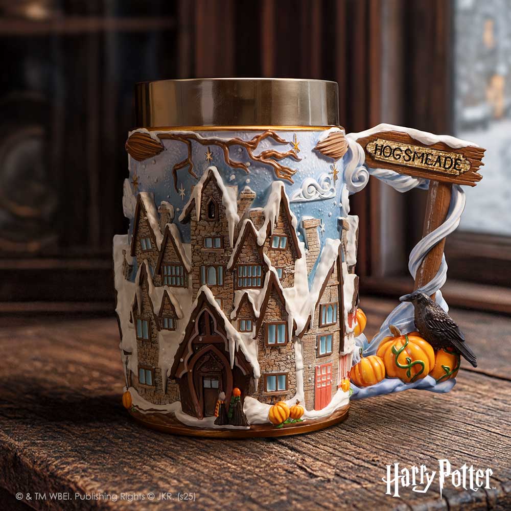 Hogsmeade Village tankard on a dark Harry Potter themed studio background