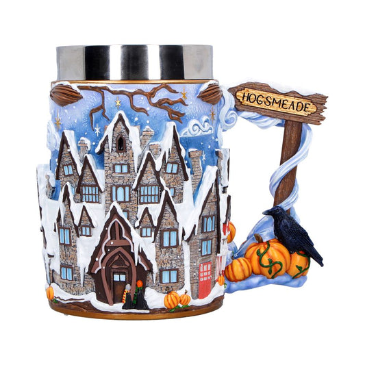 Hogsmeade tankard with snowy houses, blue exterior and village-sign handle