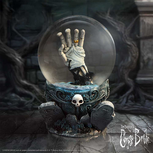Official Corpse Bride Emily snow globe by Nemesis Now with skeletal hand, wedding ring, blue snowflakes, butterflies and gothic gravestone base