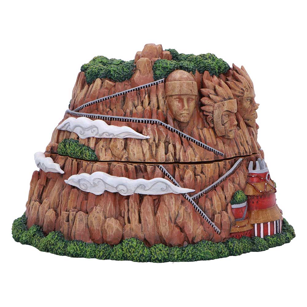 Opposite angle of Hokage Rock box with village buildings beneath carved faces