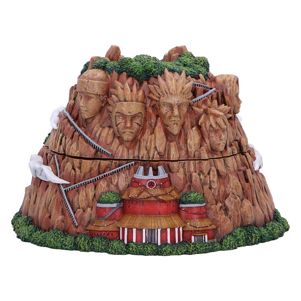 Naruto Hokage Rock box with carved faces, green foliage and village buildings