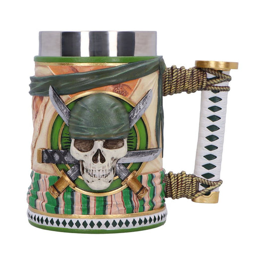 Zoro tankard with green skull emblem, striped decoration and sword-hilt handle