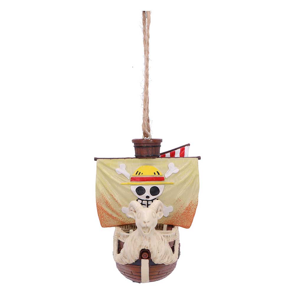 Front view of hanging Going Merry showing figurehead beneath the main sail