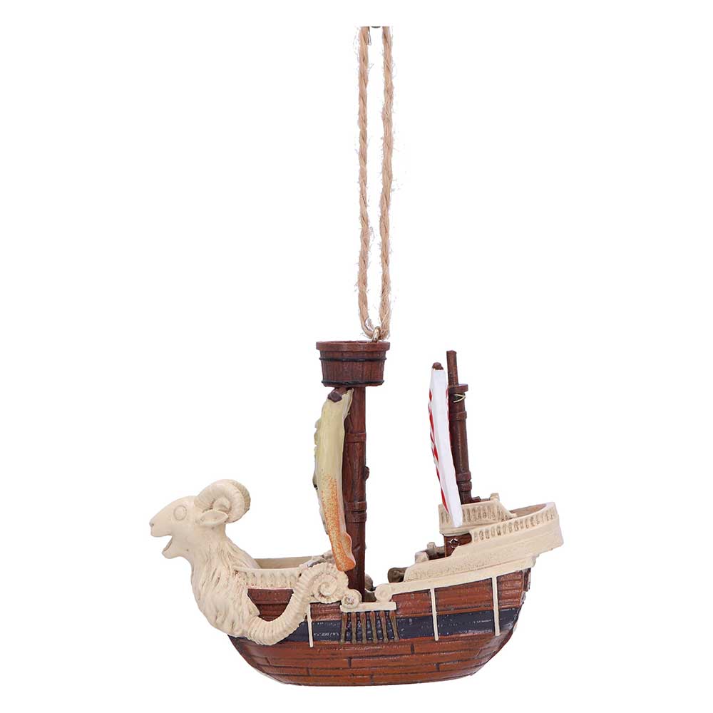 Side view of the Going Merry ornament showing hull and sail profile