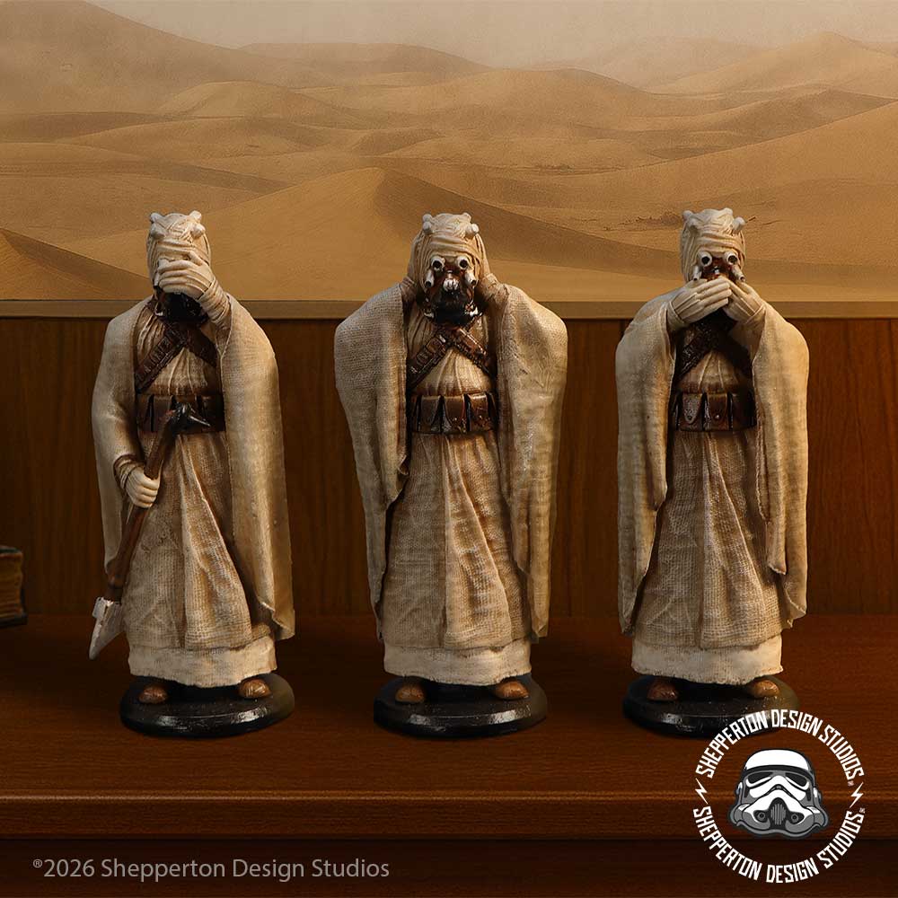 Three Wise Tusken Raiders hand-painted polyresin figurine trio in See No Evil, Hear No Evil and Speak No Evil poses with textured desert robes