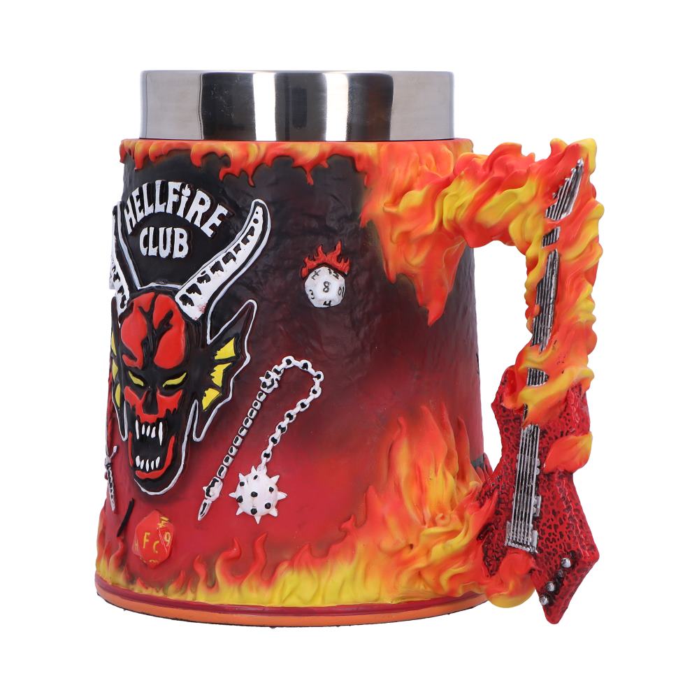 Stranger Things Hellfire Club Tankard - angled view of the horned emblem, dice motifs and sculpted flames