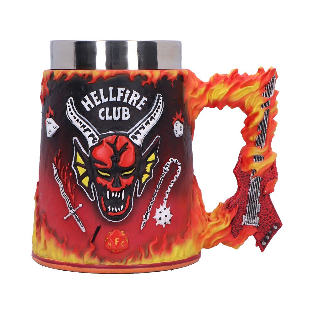 Stranger Things Hellfire Club Tankard - front with the Hellfire Club emblem and flaming guitar-shaped handle