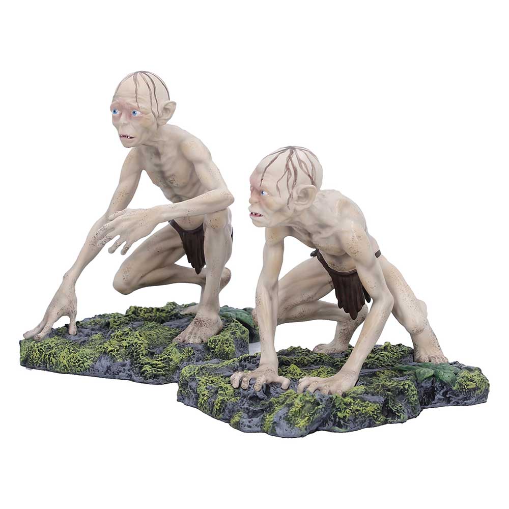 LOTR Gollum and Sméagol Figurine Set - angled view of the two crouched figures on separate grassy rock bases