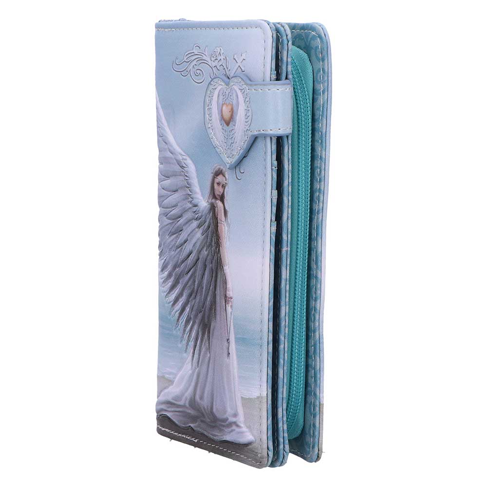 Anne Stokes Spirit Guide Embossed Purse - angled view of the embossed feathers and pale blue purse edge
