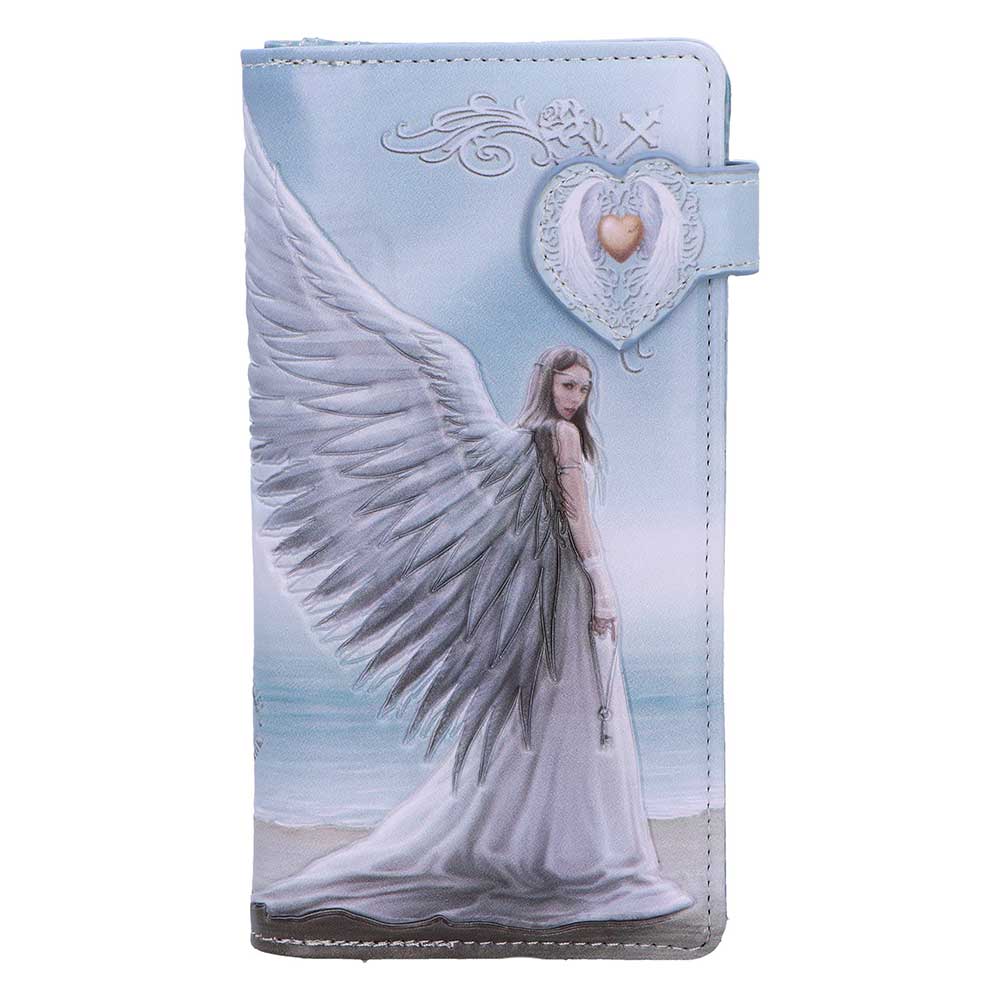 Anne Stokes Spirit Guide Embossed Purse - front with a white-winged angel on a beach and a heart fastening