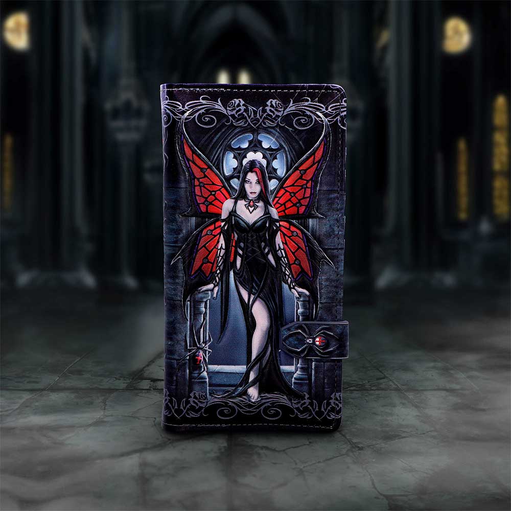 Anne Stokes Aracnafaria Embossed Purse - displayed upright in a dark setting with Aracnafaria’s wings facing forward