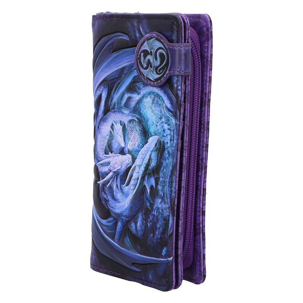 Anne Stokes Welcome Hatchling Embossed Purse - angled view of the blue dragon artwork and purple edge