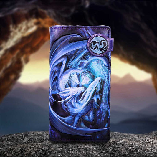 Anne Stokes Welcome Hatchling Embossed Purse - displayed against a fantasy cave backdrop with the blue hatchlings visible