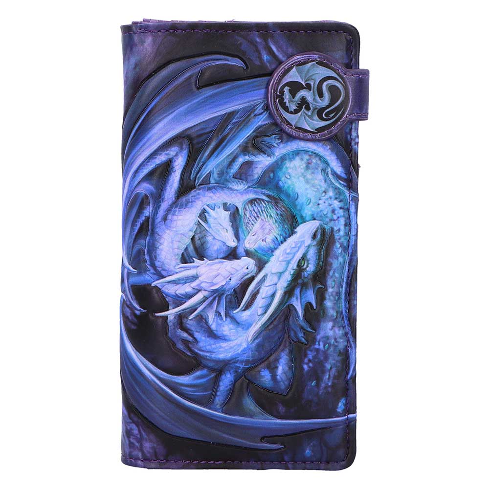 Anne Stokes Welcome Hatchling Embossed Purse - front with blue hatchlings around an egg and a dragon-decorated fastening