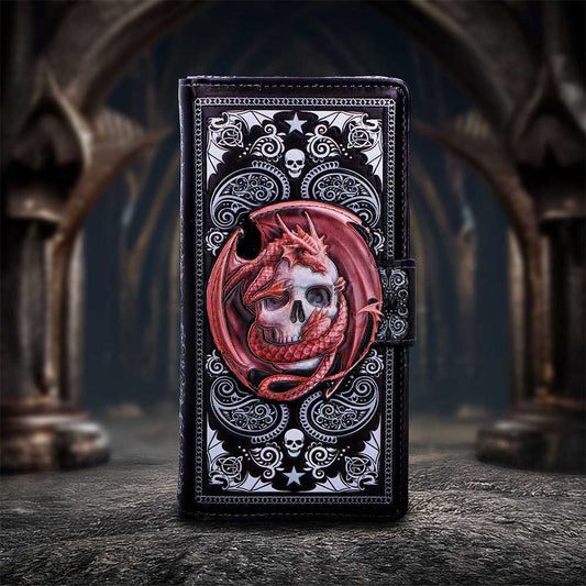 Skull Embrace Anne Stokes embossed gothic purse with red dragon wrapped around a skull, black detailing and red dragon press-stud closure