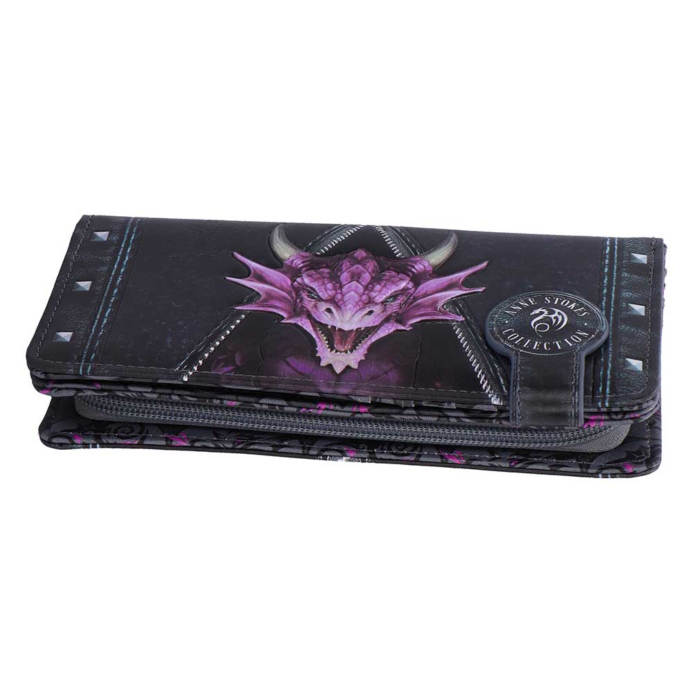Anne Stokes Unzipped Dragon Embossed Purse - angled horizontal view of the raised dragon head and dark purse surface