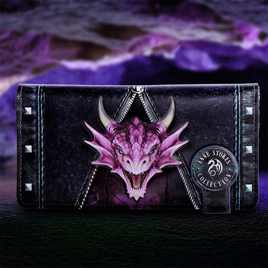 Anne Stokes Unzipped Dragon Embossed Purse - displayed against a purple-lit backdrop with the dragon artwork facing forward