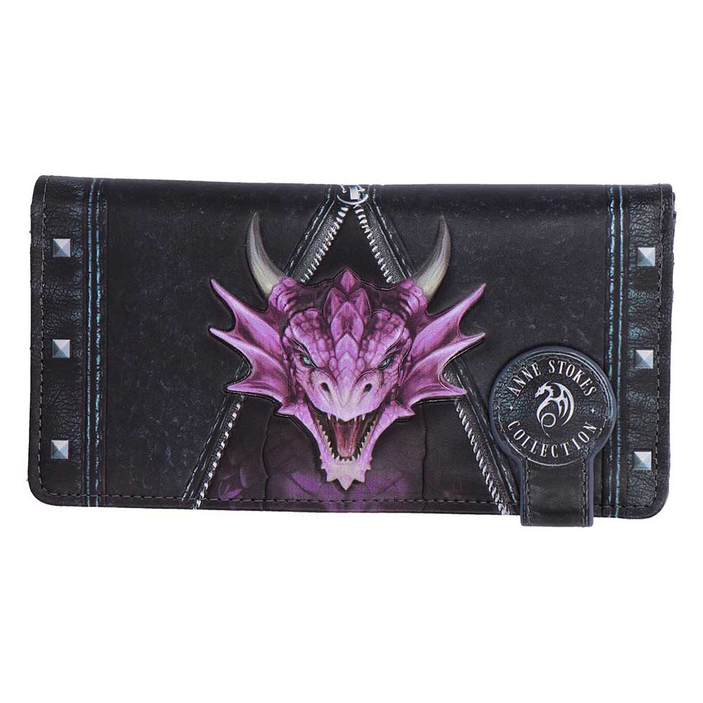 Anne Stokes Unzipped Dragon Embossed Purse - front with a pink dragon emerging through an illustrated zip
