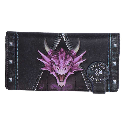 Anne Stokes Unzipped Dragon Embossed Purse - front with a pink dragon emerging through an illustrated zip