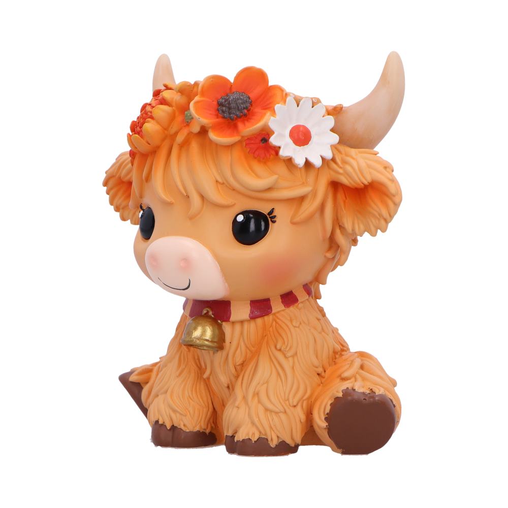Moo Crew Marigold Flower Cow Figurine - angled view of the orange shaggy coat and red-and-white flowers