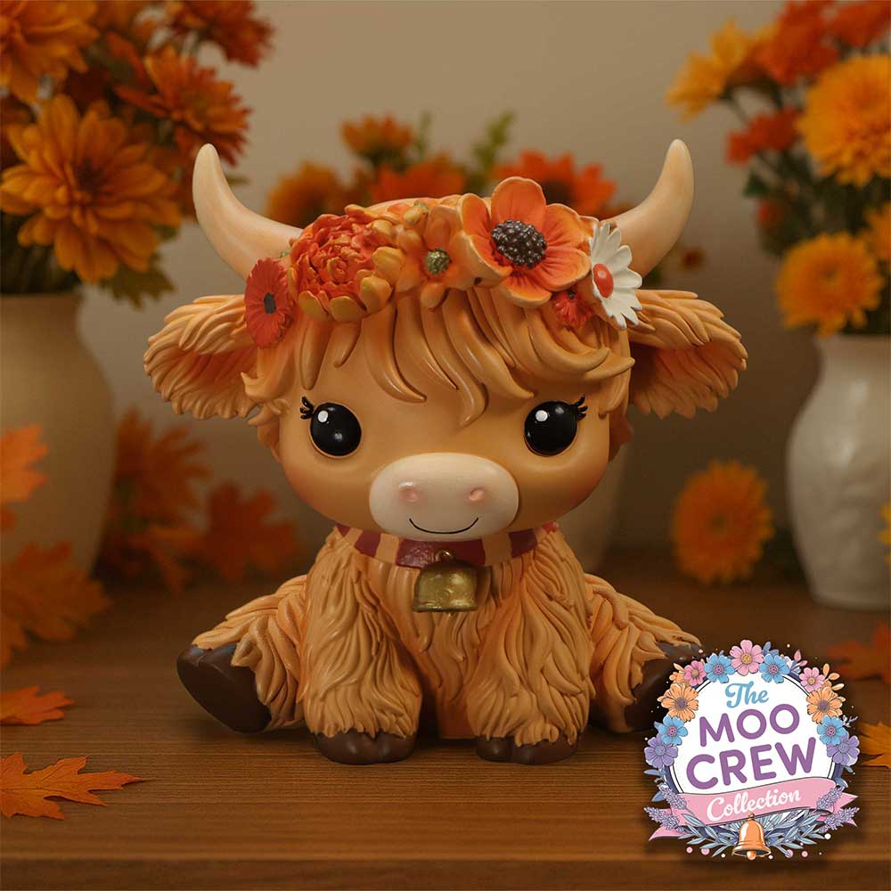 Moo Crew Marigold Flower Cow Figurine - displayed in an autumn-themed setting with its floral crown visible