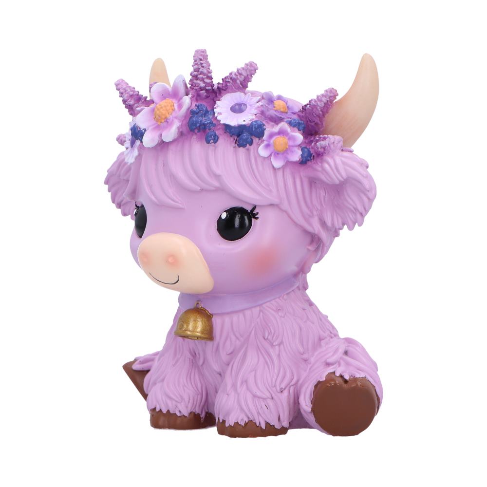 Moo Crew Hyacinth Flower Cow Figurine - angled view of the shaggy purple coat and pink muzzle