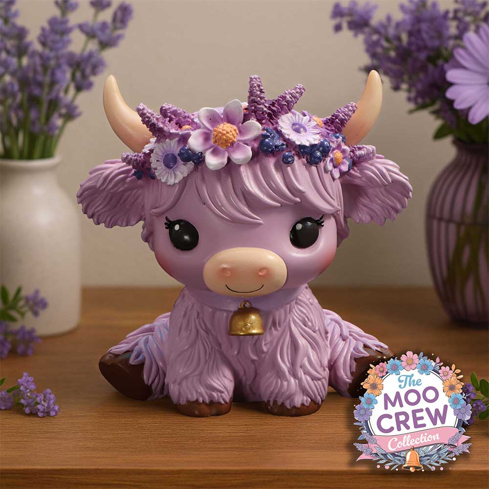 Moo Crew Hyacinth Flower Cow Figurine - displayed among purple flower props with the cow facing forward