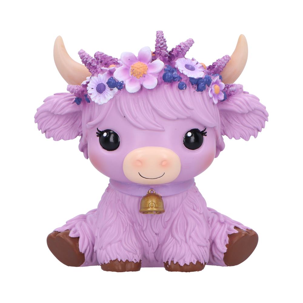 Moo Crew Hyacinth Flower Cow Figurine - front of the lilac cow with a purple flower crown and little bell