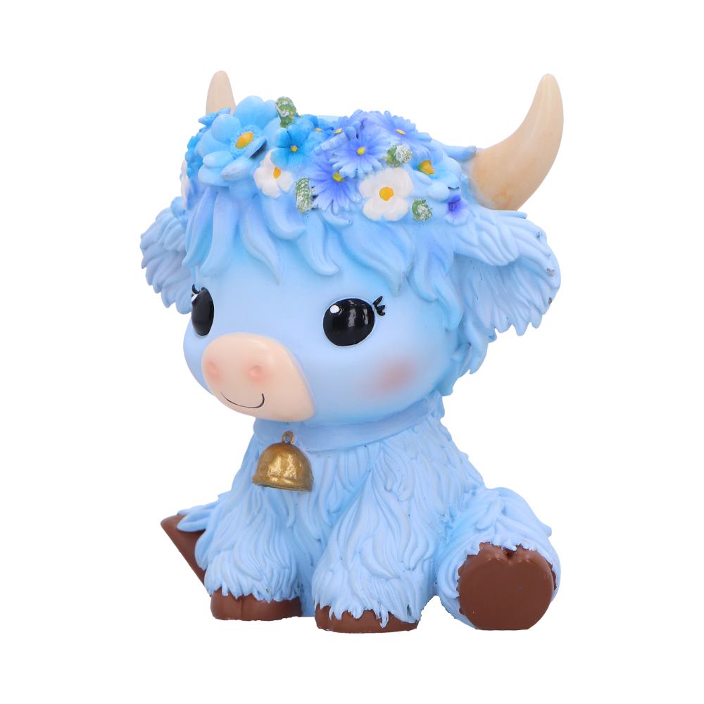 Moo Crew Bluebell Flower Cow Figurine - angled view of the pale blue coat and yellow flower accents