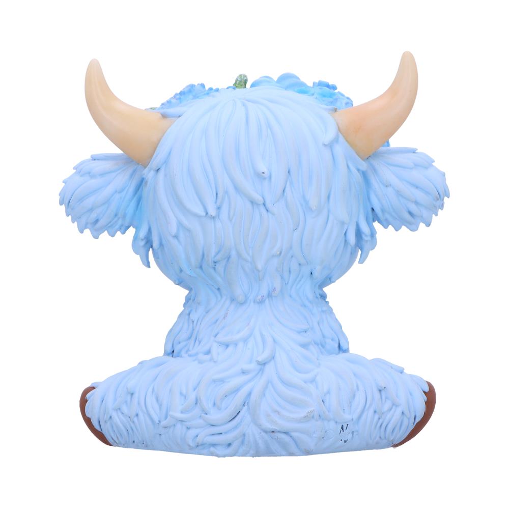 Moo Crew Bluebell Flower Cow Figurine - rear showing sculpted shaggy fur around the blue seated body