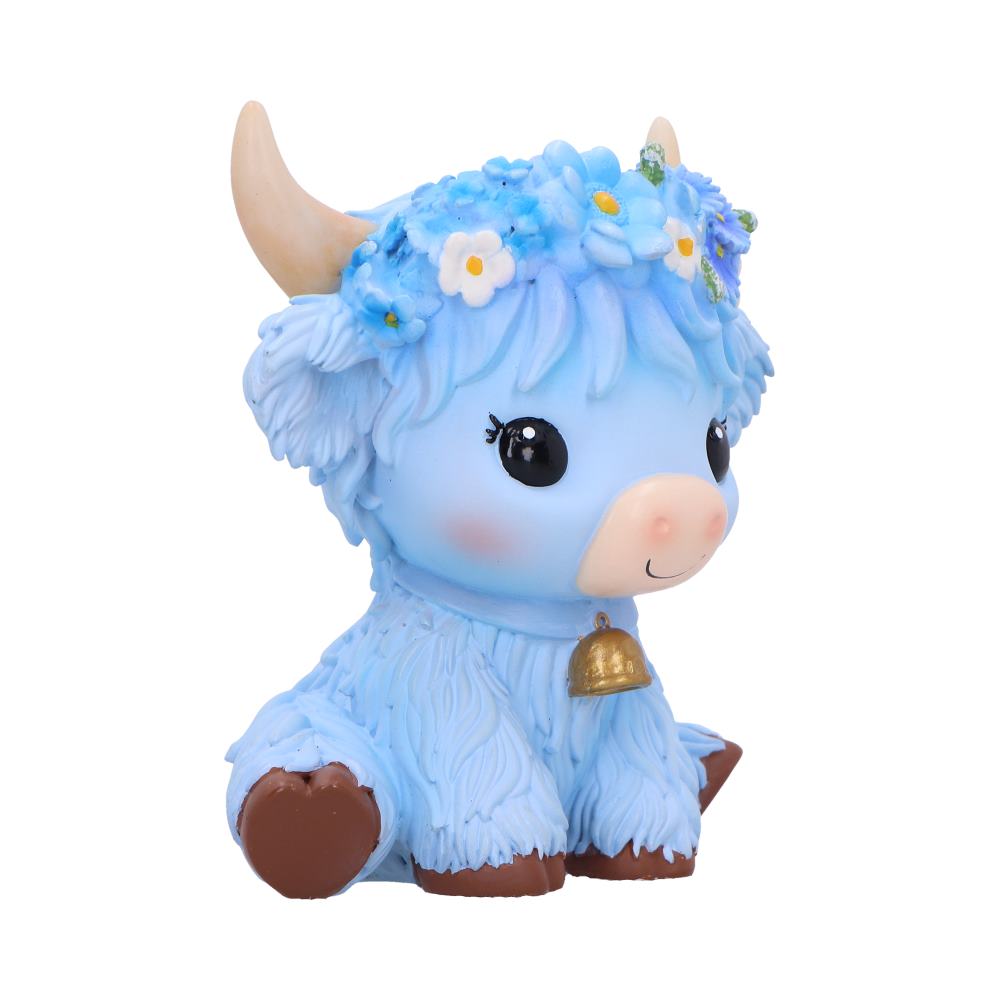 Moo Crew Bluebell Flower Cow Figurine - opposite angle with pink muzzle, curved horns and flower details