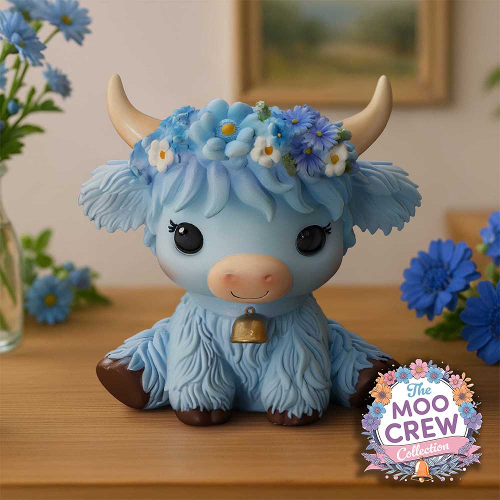 Moo Crew Bluebell Flower Cow Figurine - displayed beside blue flower props with its crown and bell visible