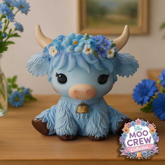 Moo Crew Bluebell Flower Cow Figurine - displayed beside blue flower props with its crown and bell visible