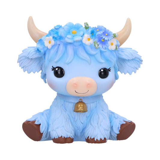 Moo Crew Bluebell Flower Cow Figurine - front of the blue cow with a blue-and-white flower crown and little bell